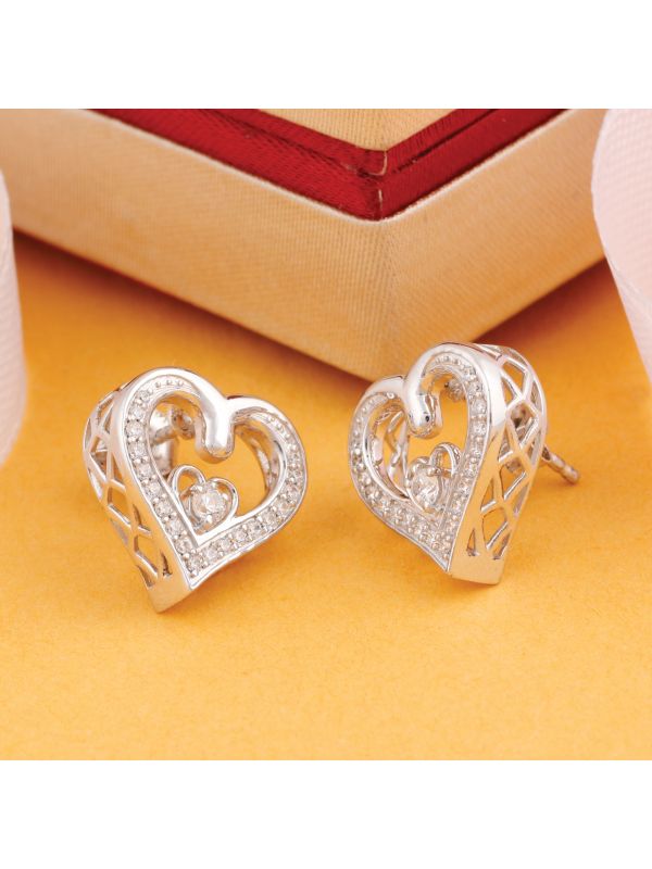Silgo 925 Sterling Silver Heart Shape Cubic Zirconia Rhodium Plated Stud  Earrings
