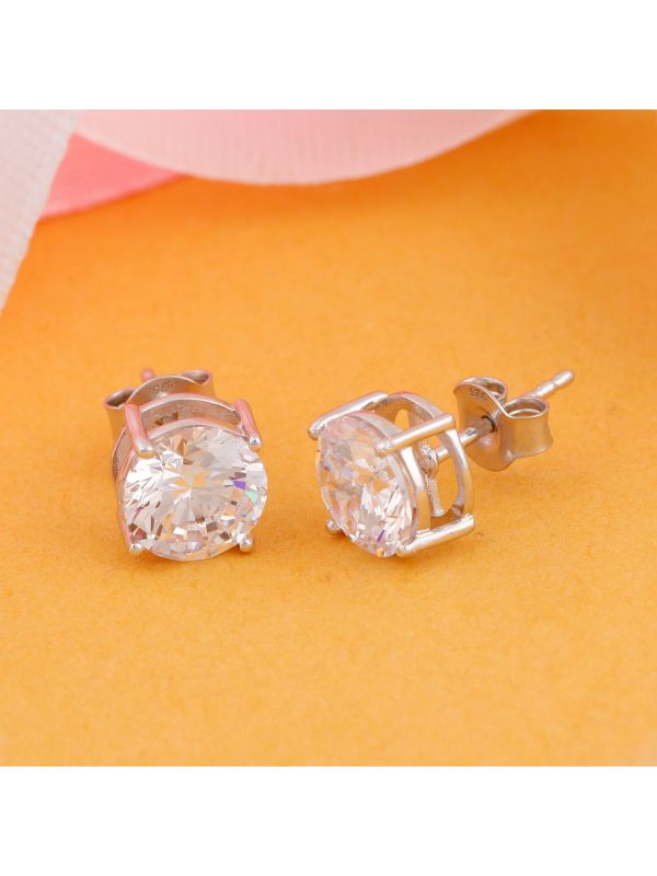 Silgo 925 Sterling Silver Rhodium Plated Cubic Zirconia Round Stud Earrings For Women