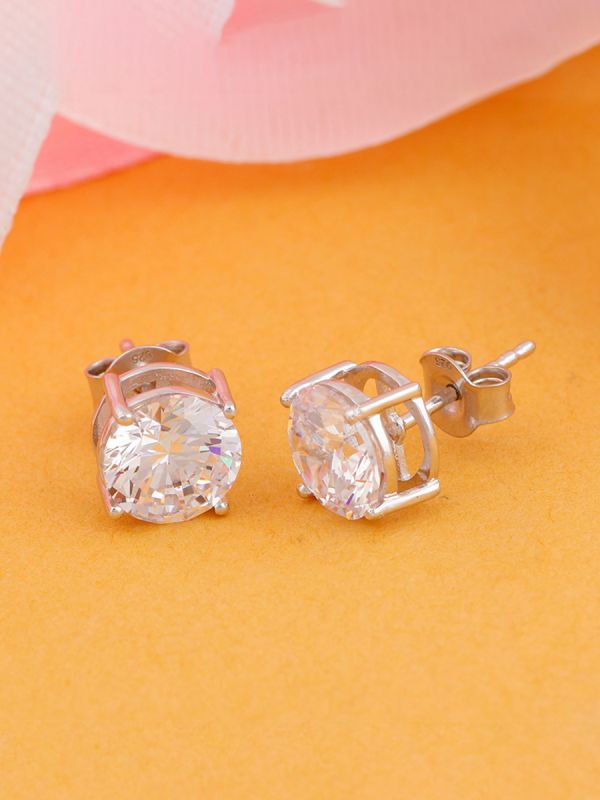 Silgo 925 Sterling Silver Rhodium Plated Cubic Zirconia Round Stud Earrings For Women