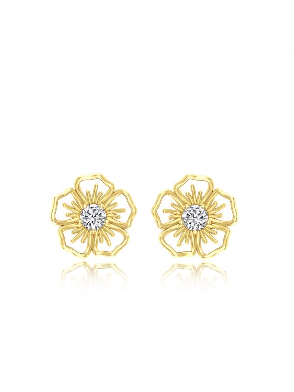 Silgo 925 Sterling Silver Cubic Zirconia Yellow Gold Plated Flower Design Stud Earrings