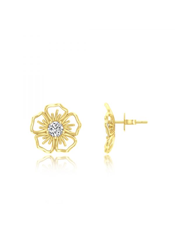 Silgo 925 Sterling Silver Cubic Zirconia Yellow Gold Plated Flower Design Stud Earrings