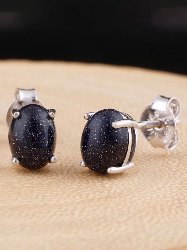 925 sterling silver white rhodium plated designer studs blue sunstone oval